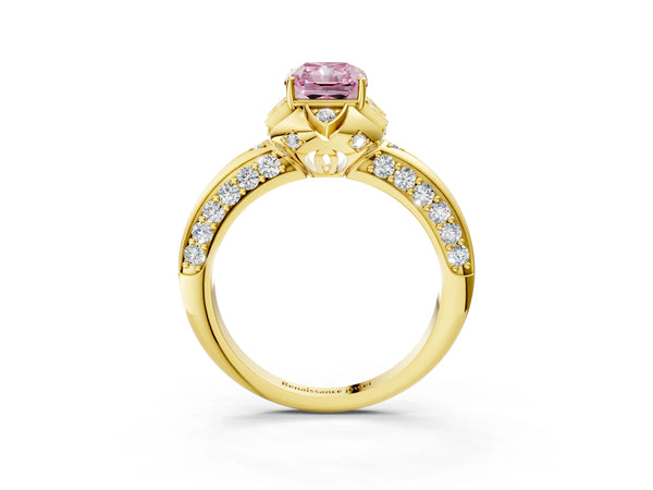 Yellow gold Fancy Pink Radiant  Halo Split Shank Pave Diamond Ring with Petal Prong Setting