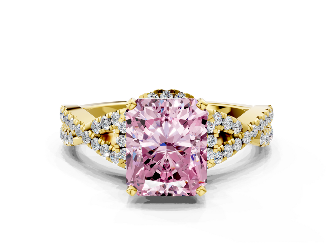 Yellow gold Fancy Pink Radiant  Halo Twist Band Solitaire Prong Setting Ring_77