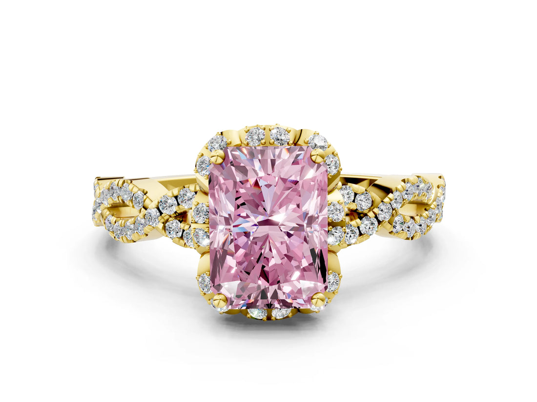Yellow gold Fancy Pink Radiant  Halo Twist Band Solitaire Ring with Six-Prong Setting_3