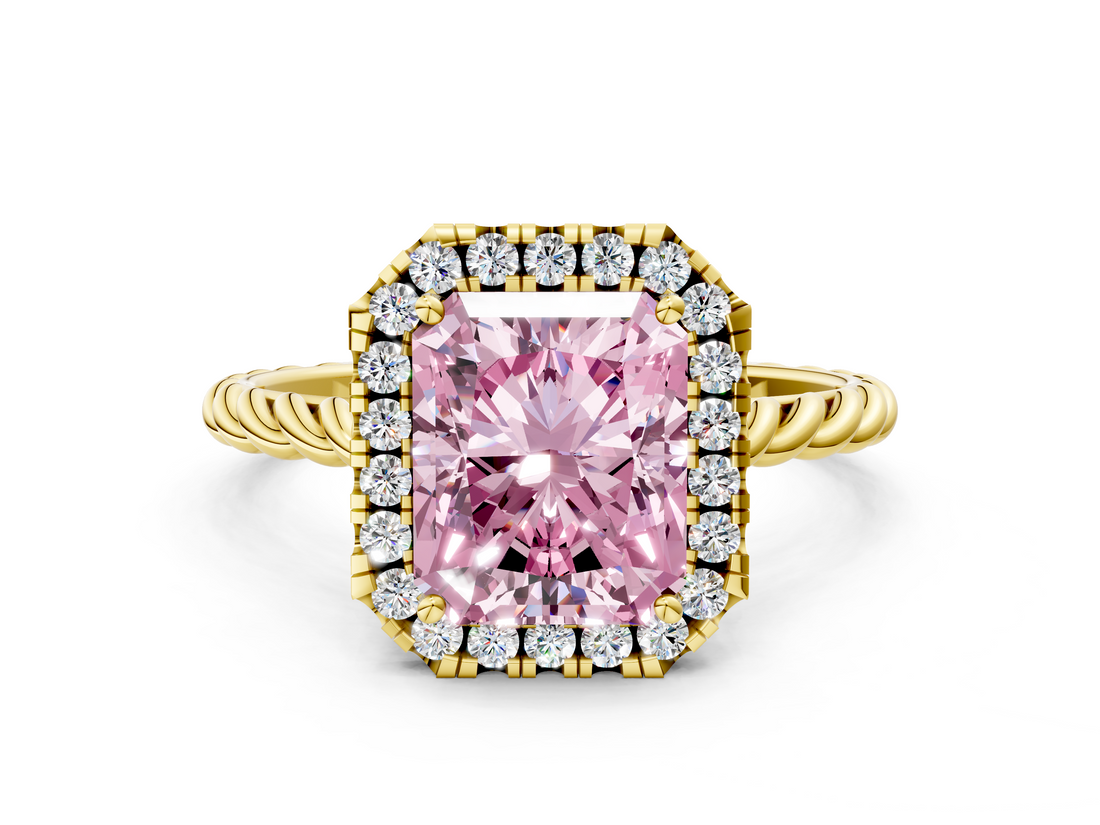 Yellow gold Fancy Pink Radiant  Halo Twisted Band Four-Prong Diamond Ring_20