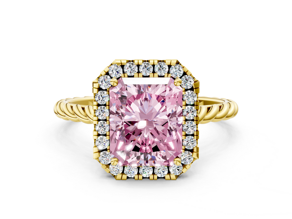 Yellow gold Fancy Pink Radiant  Halo Twisted Band Four-Prong Diamond Ring