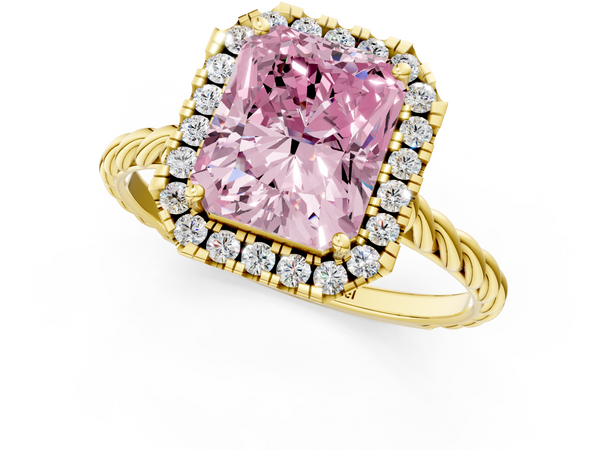 Yellow gold Fancy Pink Radiant  Halo Twisted Band Four-Prong Diamond Ring