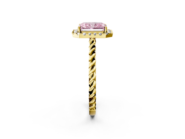 Yellow gold Fancy Pink Radiant  Halo Twisted Band Four-Prong Diamond Ring