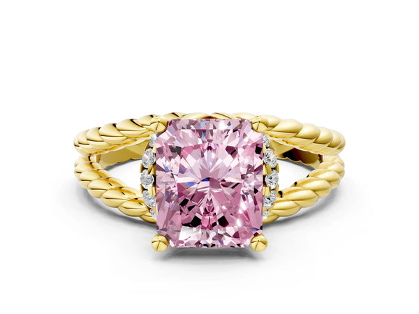 Yellow gold Fancy Pink Radiant  Halo Twisted Band Four-Prong Ring