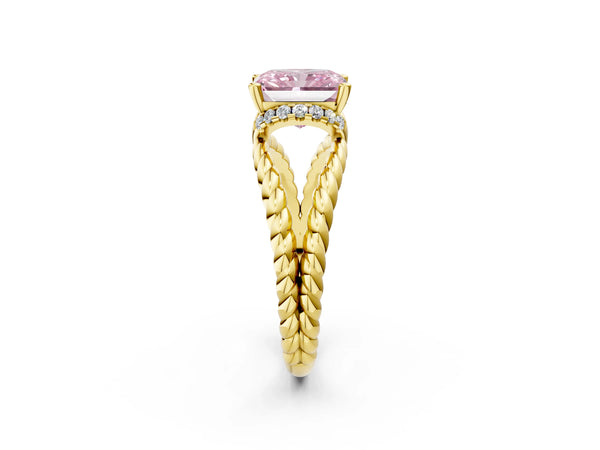 Yellow gold Fancy Pink Radiant  Halo Twisted Band Four-Prong Ring