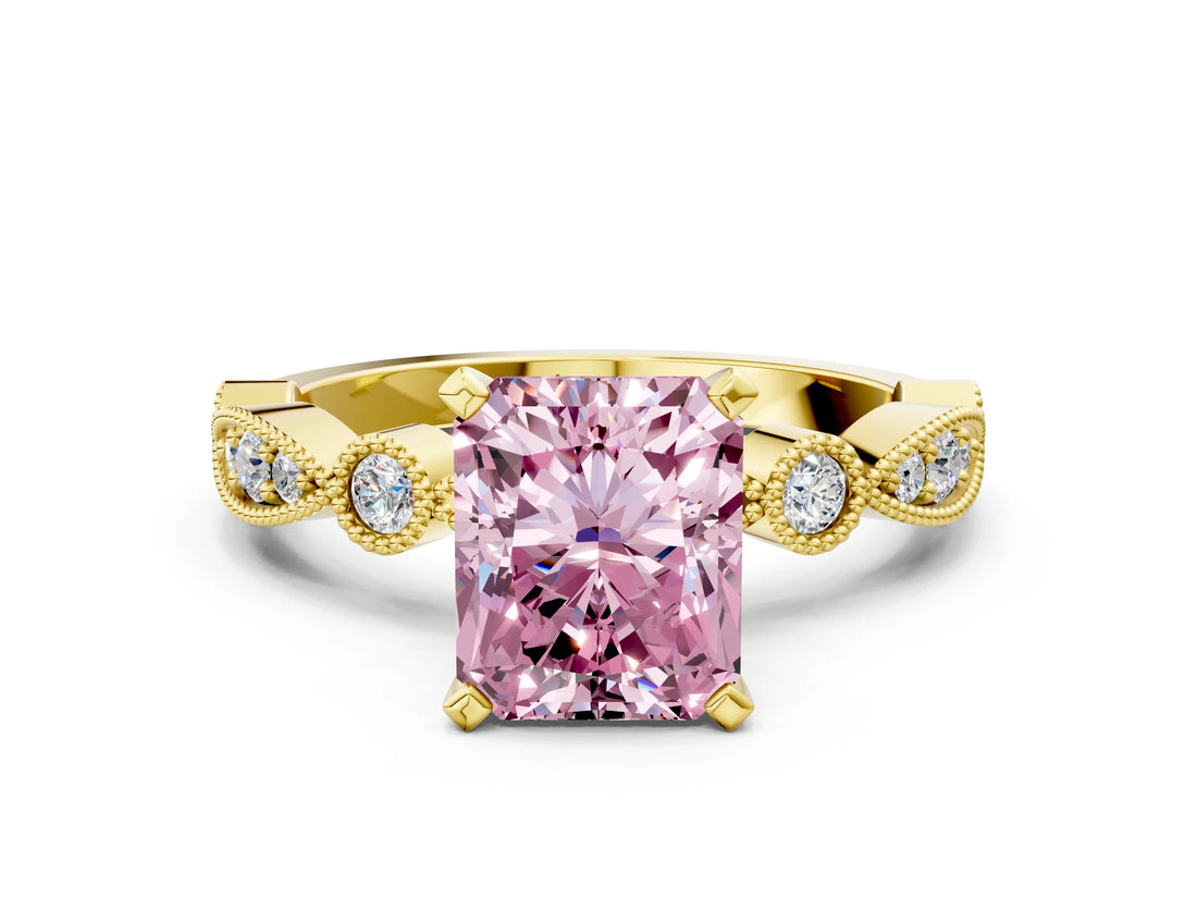 Yellow gold Fancy Pink Radiant  Milgrain Bezel Diamond Engagement Ring with Solitaire Prong Setting_155