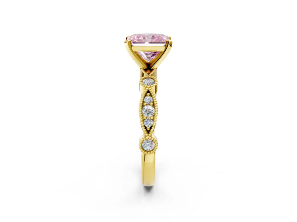 Yellow Gold Radiant Cut Milgrain Bezel Engagement Ring Setting for Fancy Pink Center