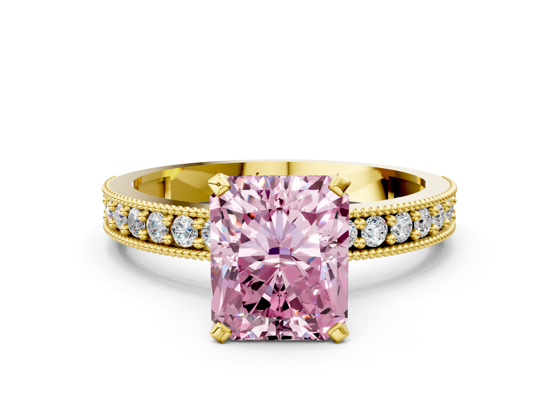 Yellow gold Fancy Pink Radiant  Milgrain Pave Diamond Engagement Ring with Four-Prong Setting_135