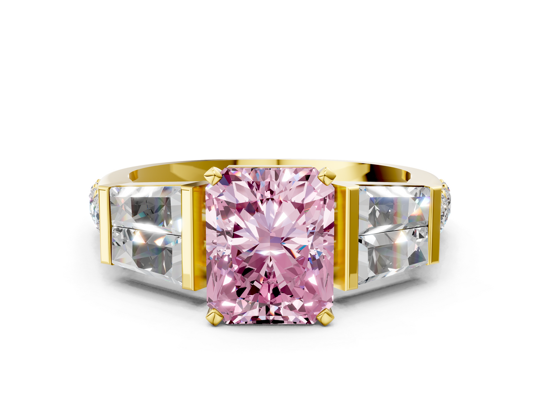 Yellow gold Fancy Pink Radiant  Solitaire Baguette Side Stone Channel Set Engagement Ring_3