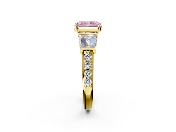 Yellow gold Fancy Pink Radiant Cut Diamond Engagement Ring with Baguette Side Stones and Channel Set Band