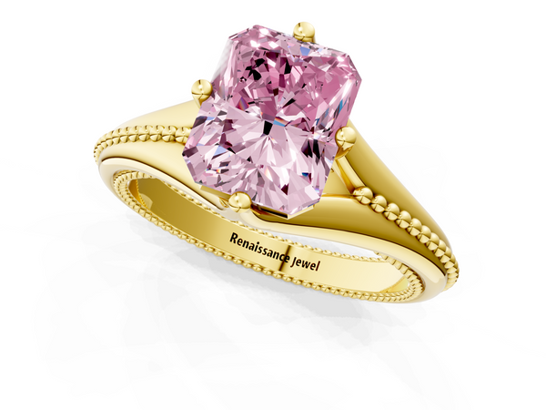Yellow gold Fancy Pink Radiant  Solitaire Beaded Band Six-Prong Setting