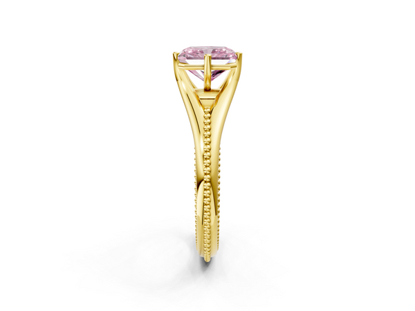 Yellow gold Fancy Pink Radiant  Solitaire Beaded Band Six-Prong Setting