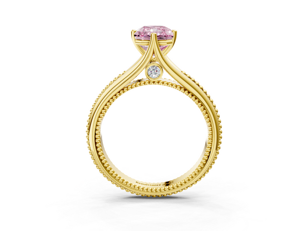 Yellow gold Fancy Pink Radiant  Solitaire Beaded Band Six-Prong Setting