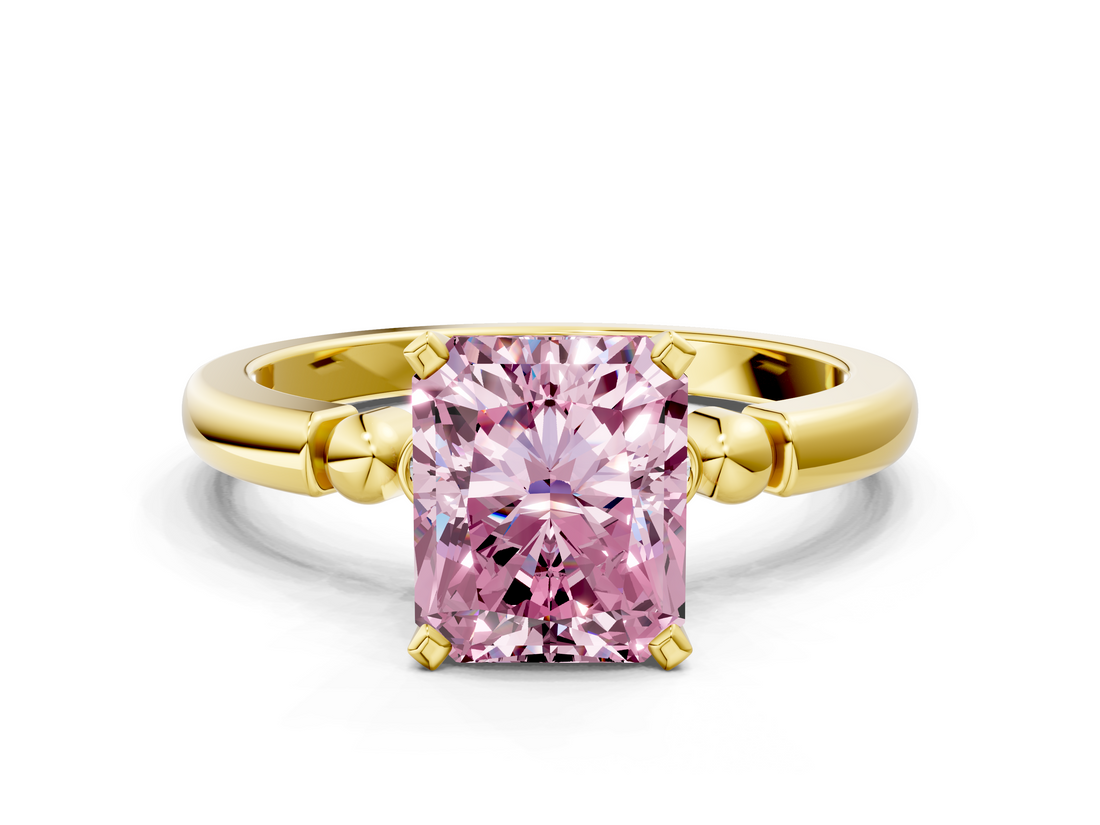 Yellow gold Fancy Pink Radiant  Solitaire Beaded Band with Four-Prong Setting_30