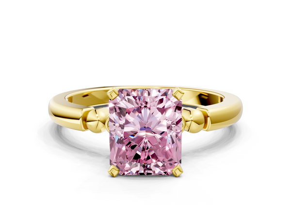 Yellow gold Fancy Pink Radiant  Solitaire Beaded Band with Four-Prong Setting