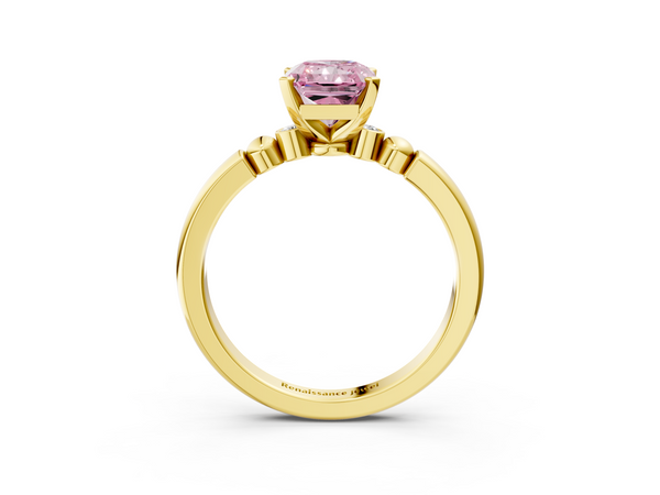 Yellow gold Fancy Pink Radiant  Solitaire Beaded Band with Four-Prong Setting