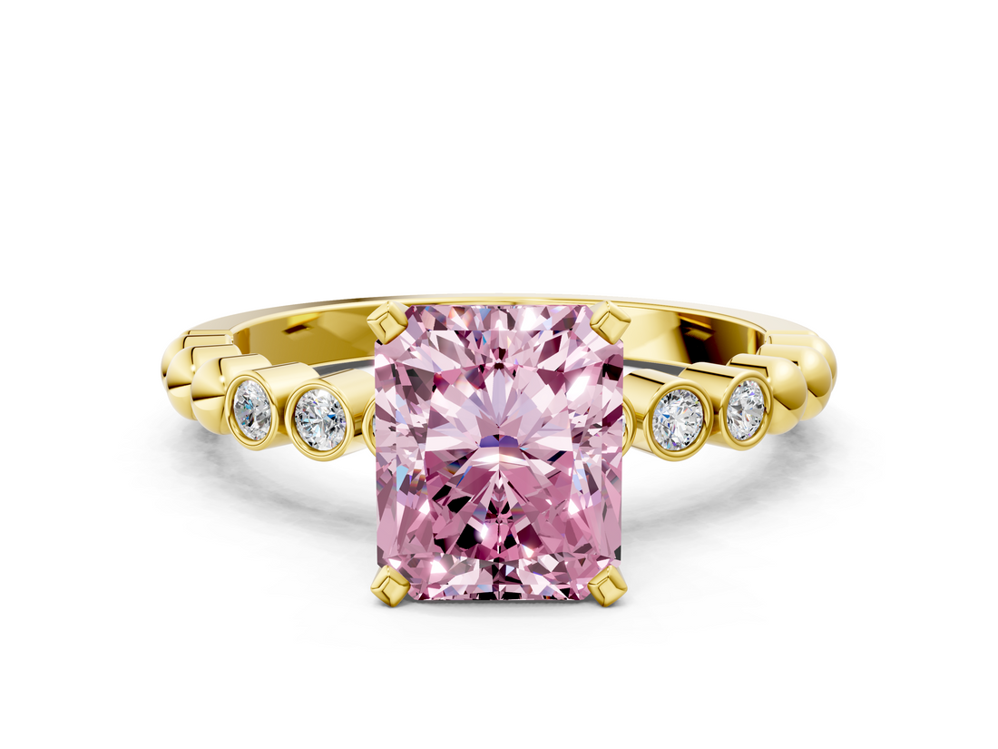 Yellow gold Fancy Pink Radiant  Solitaire Bezel Accent Diamond Engagement Ring with Beaded Band and Four-Prong Setting_42