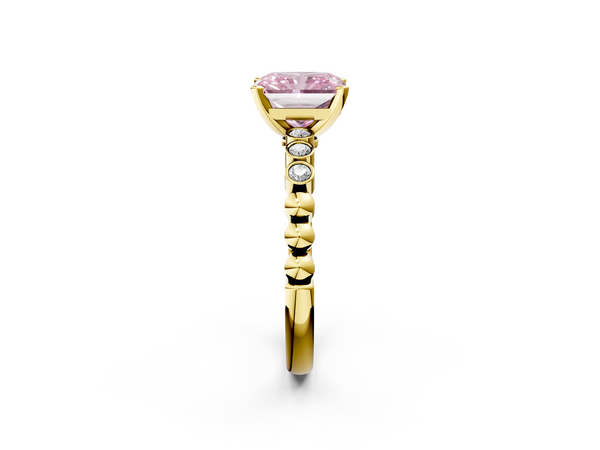 Yellow gold Fancy Pink Radiant  Solitaire Bezel Accent Diamond Engagement Ring with Beaded Band and Four-Prong Setting