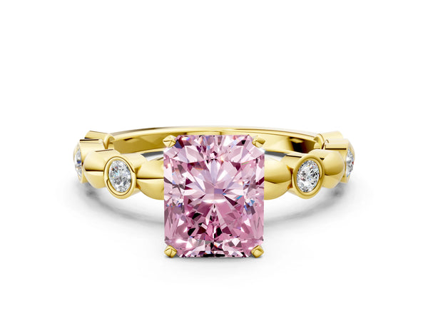 Yellow Gold Radiant Cut Engagement Ring Setting for Fancy Pink Center with Bezel Station Beaded Band