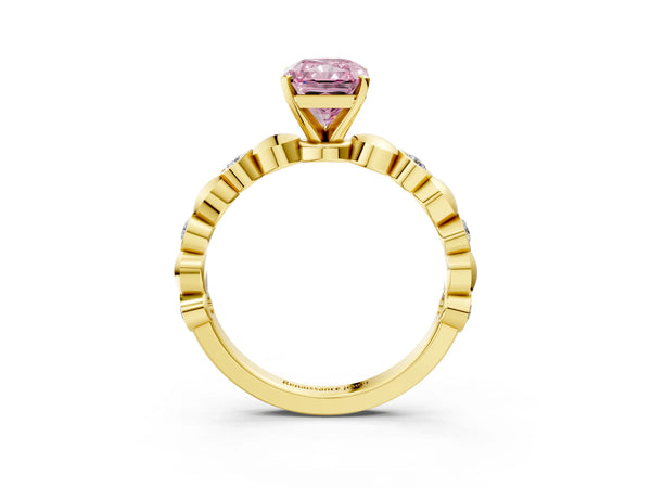 Yellow Gold Radiant Cut Engagement Ring Setting for Fancy Pink Center with Bezel Station Beaded Band