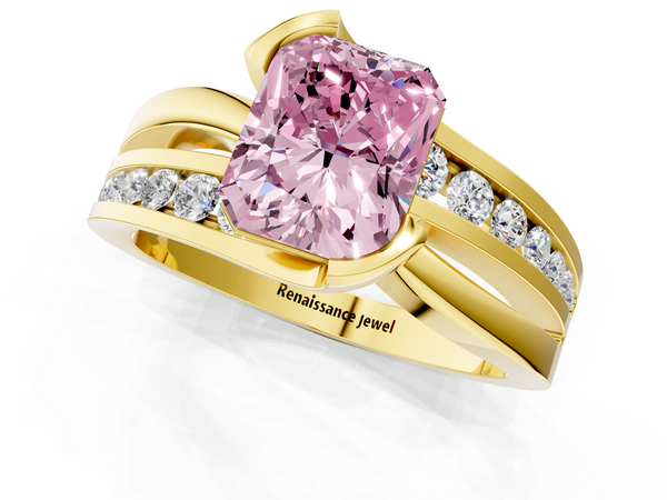 Yellow gold Fancy Pink Radiant  Solitaire Channel-Set Split Shank Ring with Tension Prong Setting