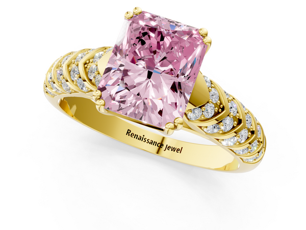 Yellow gold Fancy Pink Radiant  Solitaire Chevron Pave Diamond Engagement Ring with Six-Prong Setting