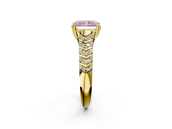 Yellow gold Fancy Pink Radiant  Solitaire Chevron Pave Diamond Engagement Ring with Six-Prong Setting