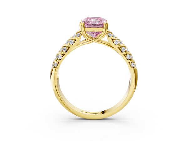 Yellow gold Fancy Pink Radiant  Solitaire Chevron Pave Diamond Engagement Ring with Six-Prong Setting