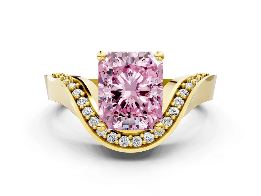 Yellow gold Fancy Pink Radiant  Solitaire Diamond Engagement Ring with Pave Band and Four-Prong Setting