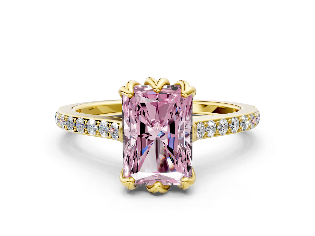Yellow gold Fancy Pink Radiant  Solitaire Diamond Engagement Ring with Pave Band and Six-Prong Setting_20