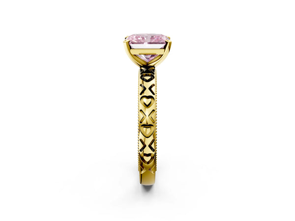 Yellow gold Fancy Pink Radiant  Solitaire Diamond Engagement Ring with XO Engraved Band and Four-Prong Setting