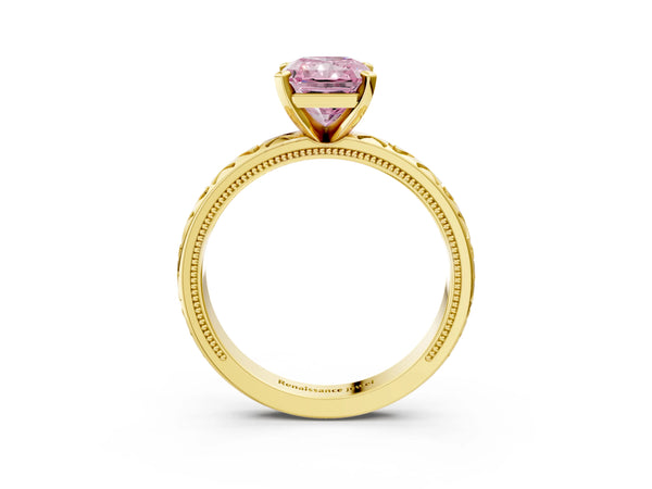 Yellow gold Fancy Pink Radiant  Solitaire Diamond Engagement Ring with XO Engraved Band and Four-Prong Setting