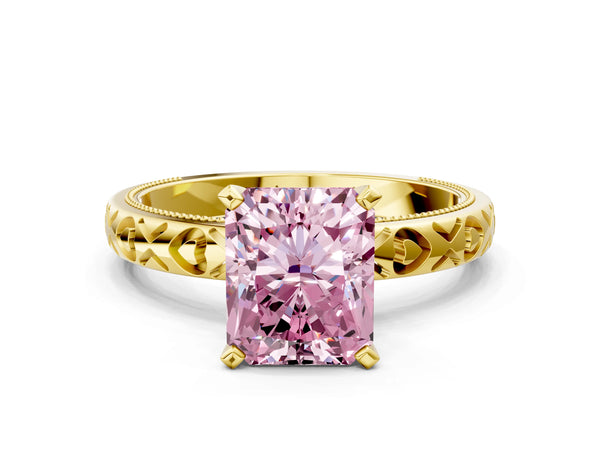 Yellow gold Fancy Pink Radiant  Solitaire Diamond Engagement Ring with XO Engraved Band and Four-Prong Setting
