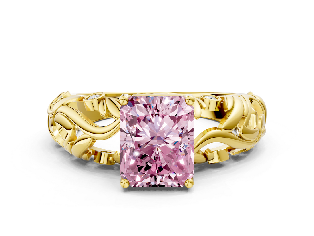 Yellow gold Fancy Pink Radiant  Solitaire Diamond Leaf Vine Band with Prong Setting_30