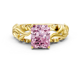 Yellow gold Fancy Pink Radiant  Solitaire Diamond Leaf Vine Band with Prong Setting_30