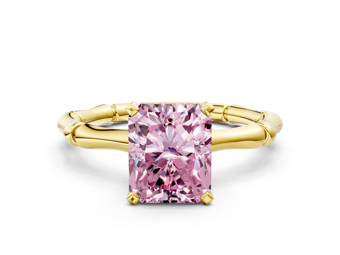 Yellow gold Fancy Pink Radiant  Solitaire Diamond Ring with Bamboo Band and Four-Prong Setting_23