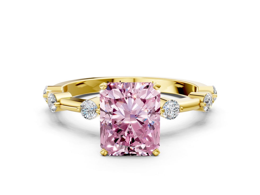 Yellow gold Fancy Pink Radiant  Solitaire Diamond Ring with Bezel Set Side Stones and Prong Setting_3