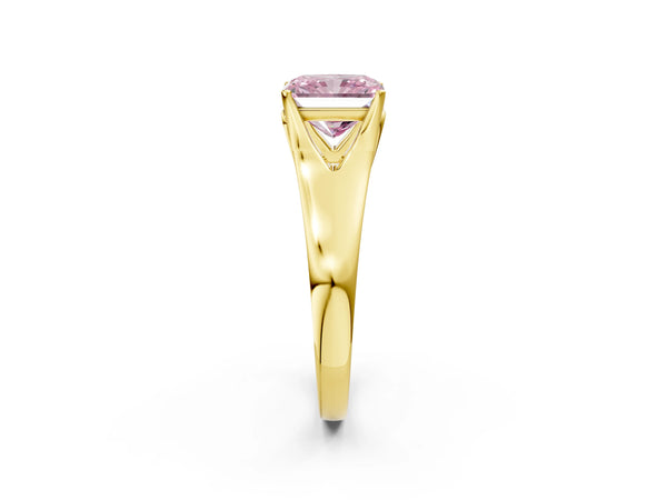 Yellow gold Fancy Pink Radiant  Solitaire Diamond Ring with Cathedral Band and Four-Prong Setting