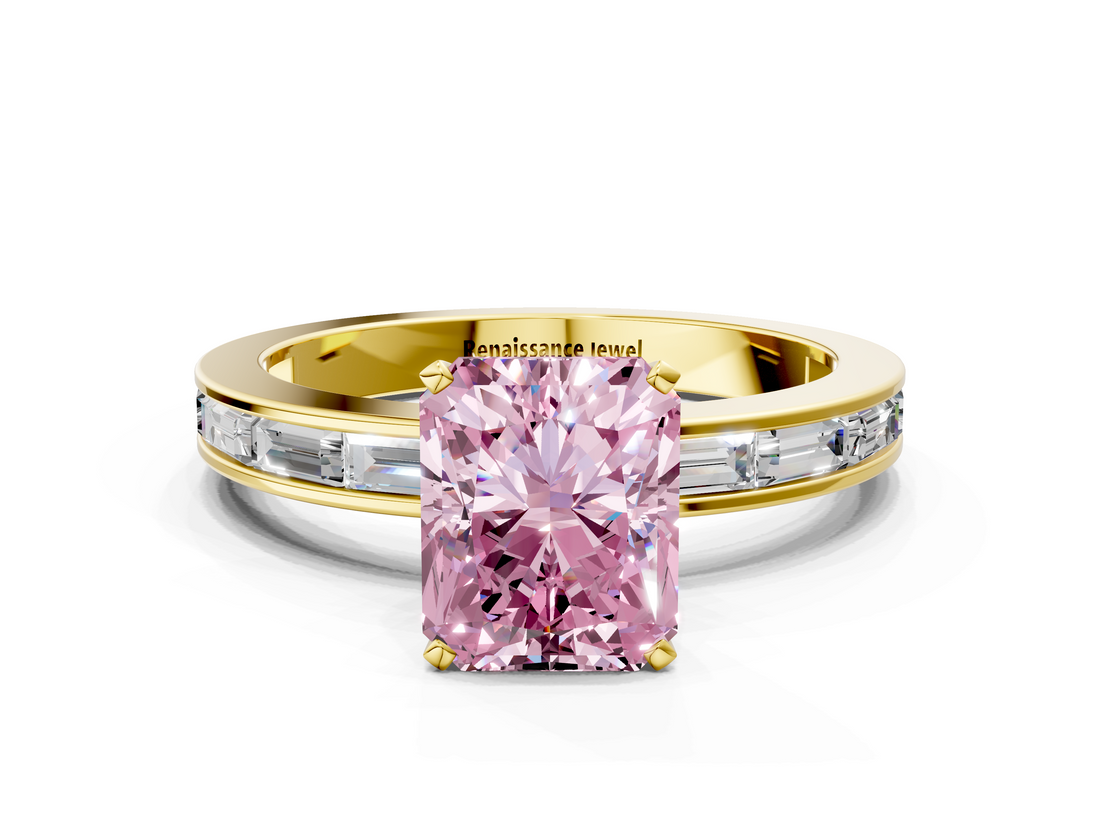 Yellow gold Fancy Pink Radiant  Solitaire Diamond Ring with Channel-Set Baguette Band and Four-Prong Setting_80