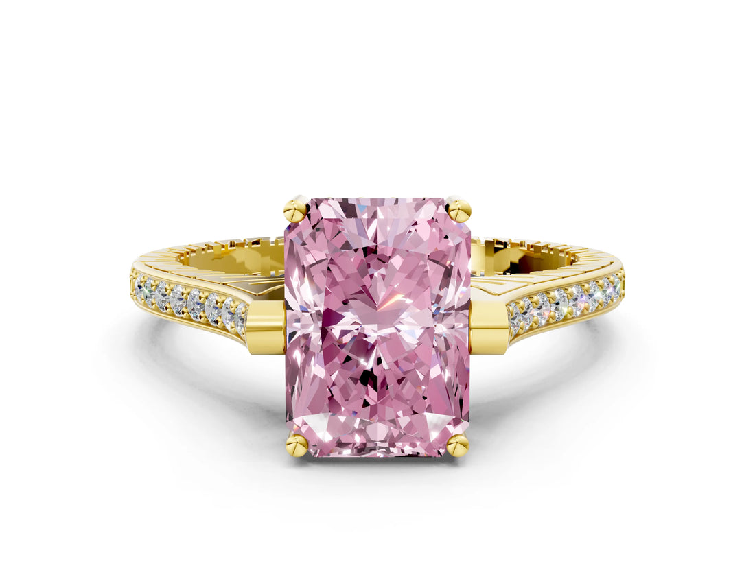 Yellow gold Fancy Pink Radiant  Solitaire Diamond Ring with Channel Set Band and Bezel Prong Setting_56