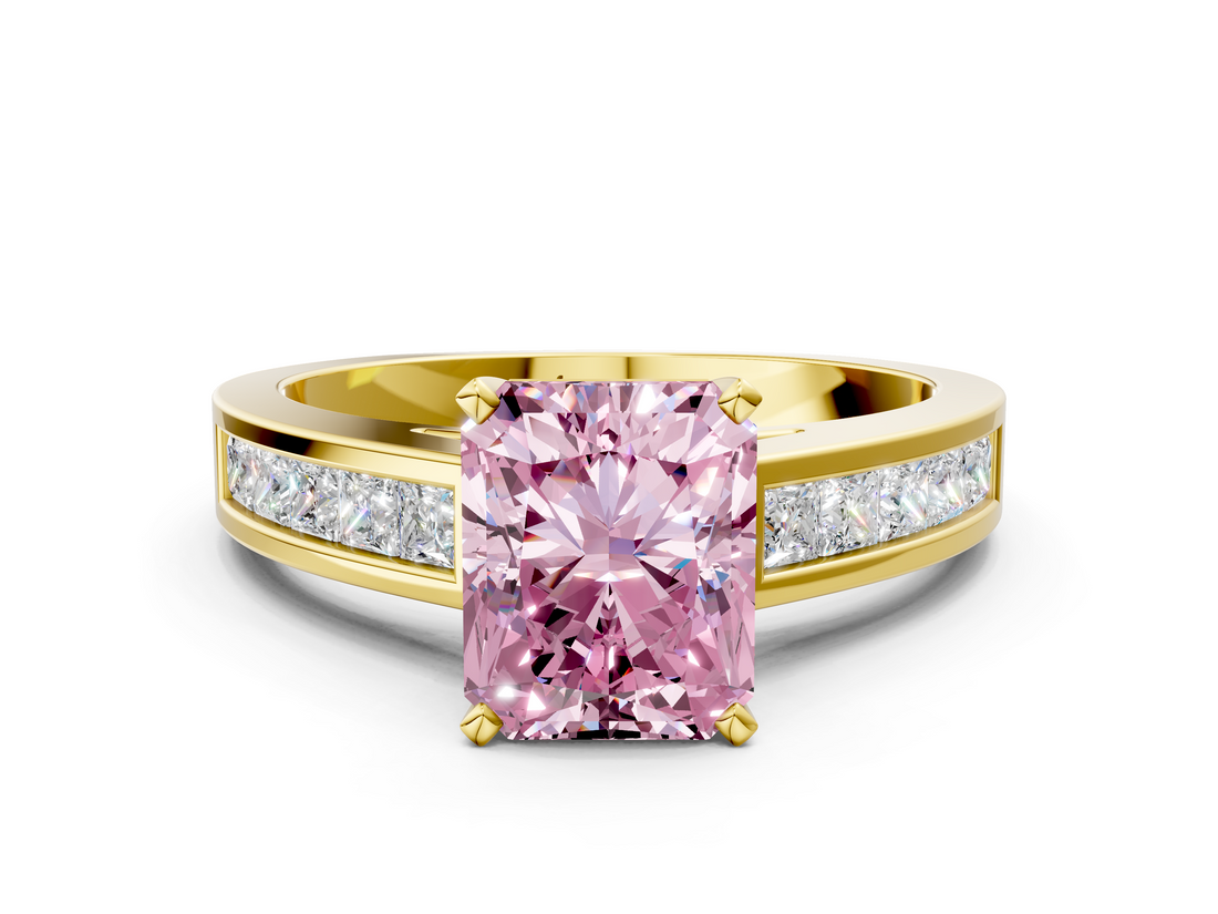 Yellow gold Fancy Pink Radiant  Solitaire Diamond Ring with Channel-Set Band and Four-Prong Setting_3