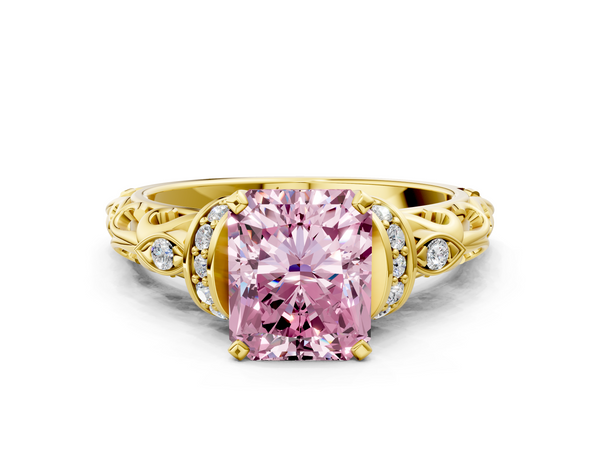 Yellow gold Fancy Pink Radiant Cut Diamond Solitaire Ring with Filigree Band and Four-Prong Setting