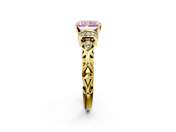 Yellow gold Fancy Pink Radiant Cut Diamond Solitaire Ring with Filigree Band and Four-Prong Setting