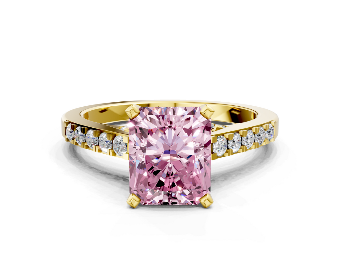 Yellow gold Fancy Pink Radiant  Solitaire Diamond Ring with Pavé Band and Four-Prong Setting_76
