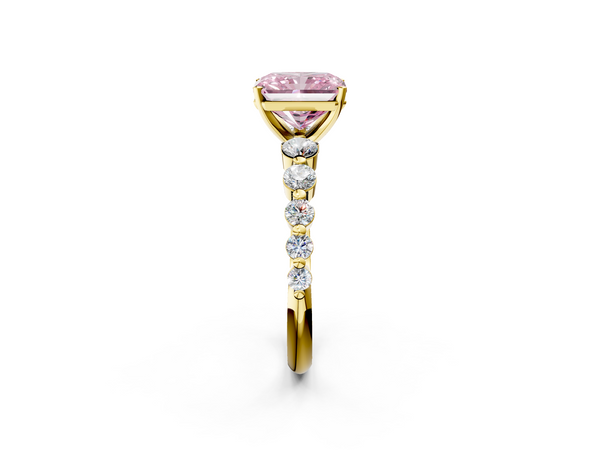 Yellow gold Fancy Pink Radiant Cut Solitaire Diamond Ring with Pave Band and Four-Prong Setting