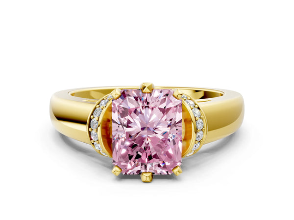Yellow gold Fancy Pink Radiant  Solitaire Diamond Ring with Pave Band and Six-Prong Setting