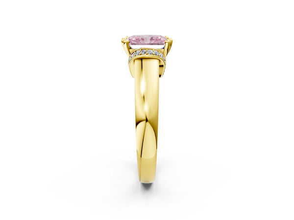 Yellow gold Fancy Pink Radiant  Solitaire Diamond Ring with Pave Band and Six-Prong Setting