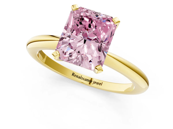 Yellow gold Fancy Pink Radiant Cut Diamond Solitaire Ring with Six-Prong Setting and Classic Band