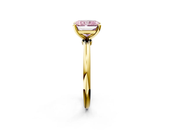 Yellow gold Fancy Pink Radiant Cut Diamond Solitaire Ring with Six-Prong Setting and Classic Band