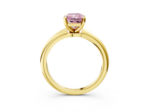 Yellow gold Fancy Pink Radiant Cut Diamond Solitaire Ring with Six-Prong Setting and Classic Band